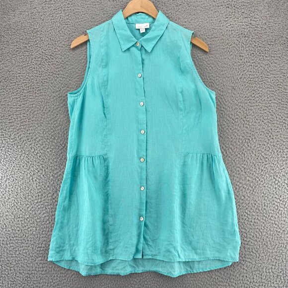J Jill Top Womens Small Blue Love Linen Button Up Collar Sleeveless A Line Tunic - Picture 1 of 10